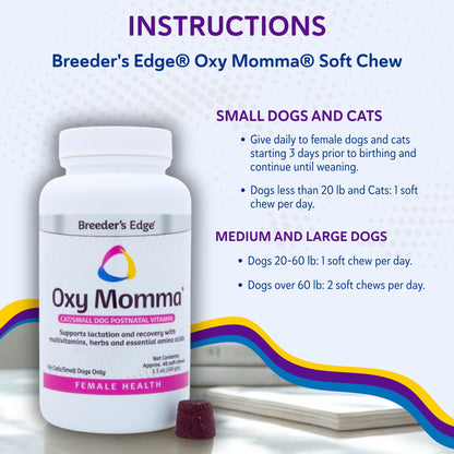 Breeder's Edge Oxy Momma Soft Chews, Postnatal Vitamin Supplement for Lactating Dogs and Cats, Supports Recovery, Hormones, and Next Pregnancy - for Small Dogs & Cats, 40ct Soft Chews - Maple Wellness Supplements