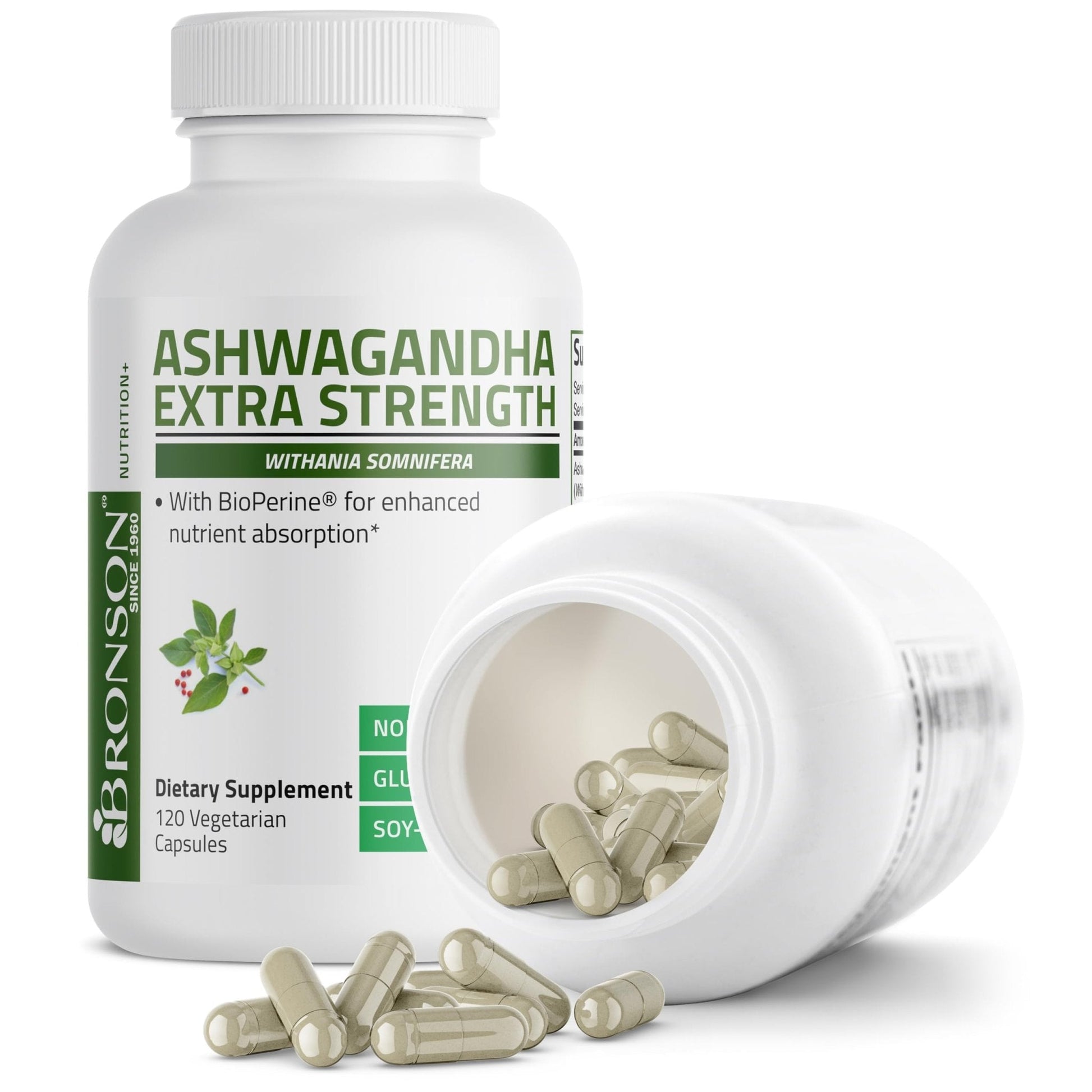Bronson Ashwagandha Extra Strength Stress & Mood Support with BioPerine - Non GMO Formula, 120 Vegetarian Capsules - Maple Wellness Supplements