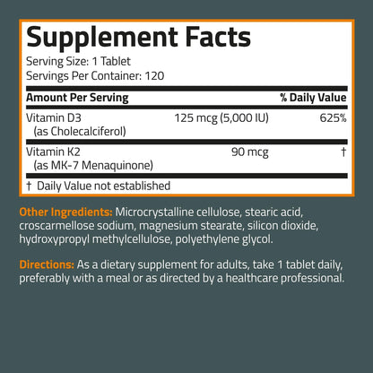 Bronson Basics Vitamin K2 D3 (MK7) Supplement Non-GMO Formula 5000IU (125 mcg) - Maple Wellness Supplements