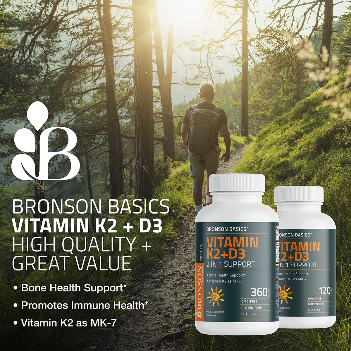 Bronson Basics Vitamin K2 D3 (MK7) Supplement Non-GMO Formula 5000IU (125 mcg) - Maple Wellness Supplements