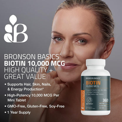 Bronson Biotin 10,000mcg, Supports Healthy Hair, Skin and Nails, Vegetarian, Non-GMO, 150 Tablets - Maple Wellness Supplements