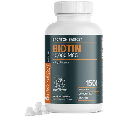 Bronson Biotin 10,000mcg, Supports Healthy Hair, Skin and Nails, Vegetarian, Non-GMO, 150 Tablets - Maple Wellness Supplements