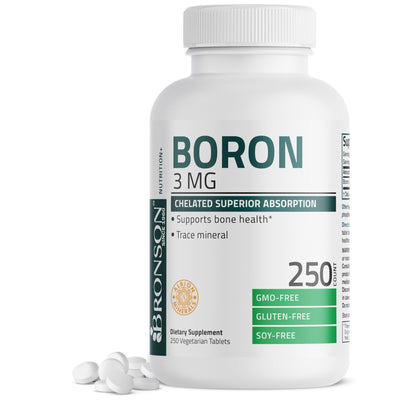 Bronson Boron 3 MG Chelated Superior Absorption Supports Bone Health Trace Mineral, Non-GMO, 250 Vegetarian Tablets - Maple Wellness Supplements