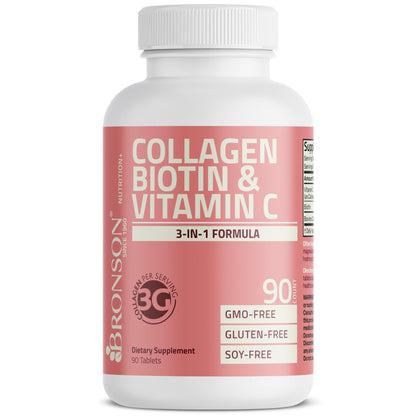 Bronson Collagen Peptides 3000mg (per Serving) with Biotin & Vitamin C - for Hair, Skin & Nails Support, Non-GMO, 90 Tablets - Maple Wellness Supplements