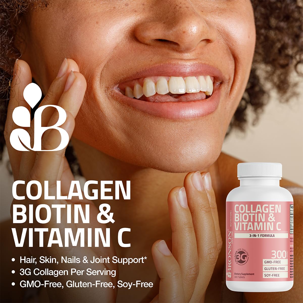 Bronson Collagen Peptides 3000mg (per Serving) with Biotin & Vitamin C - for Hair, Skin & Nails Support, Non-GMO, 90 Tablets - Maple Wellness Supplements