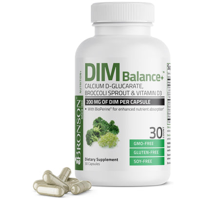 Bronson DIM Balance+ Calcium D-Glucarate, Broccoli Sprouts and Vitamin D3 200 MG of DIM per Capsule Supports Estrogen Metabolism and Balanced Hormone Levels Non-GMO, 30 Vegetarian Capsules - Maple Wellness Supplements
