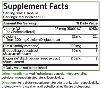 Bronson DIM Balance+ Calcium D-Glucarate, Broccoli Sprouts and Vitamin D3 200 MG of DIM per Capsule Supports Estrogen Metabolism and Balanced Hormone Levels Non-GMO, 30 Vegetarian Capsules - Maple Wellness Supplements