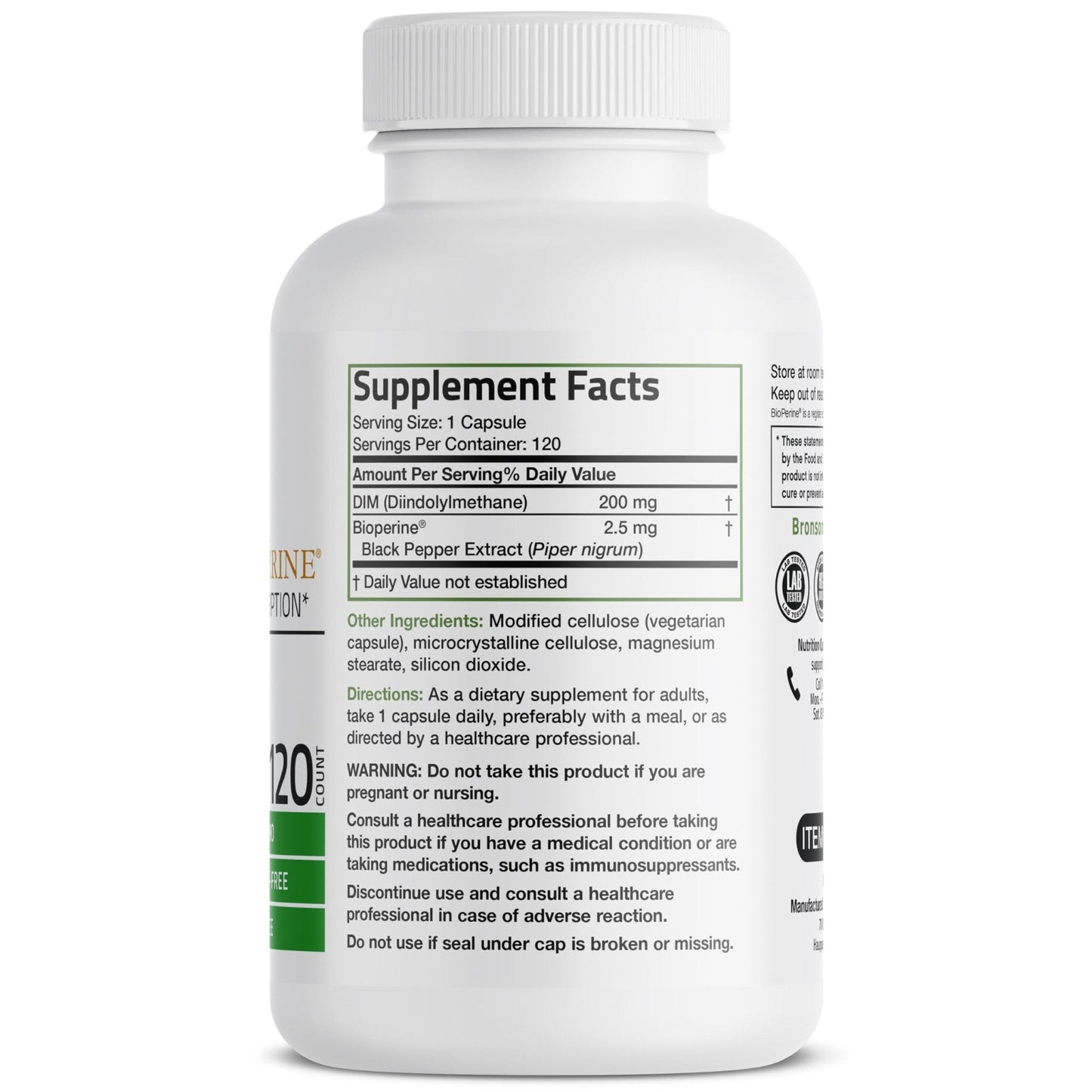 Bronson DIM Supplement 200 MG Diindolymethane with BioPerine for Enhanced Absorption, Estrogen Metabolism & Maintains Balanced Hormone Levels, 120 Vegetarian Capsules - Maple Wellness Supplements