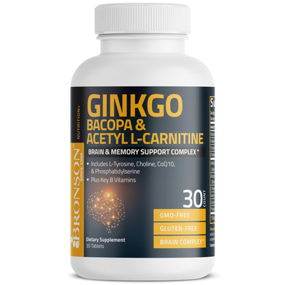 Bronson Ginkgo, Bacopa & Acetyl L-Carnitine Brain & Memory Support Complex with L-Tyrosine, Choline, CoQ10 & Phosphatidylserine Plus Key B Vitamins Non-GMO, 30 Tablets - Maple Wellness Supplements