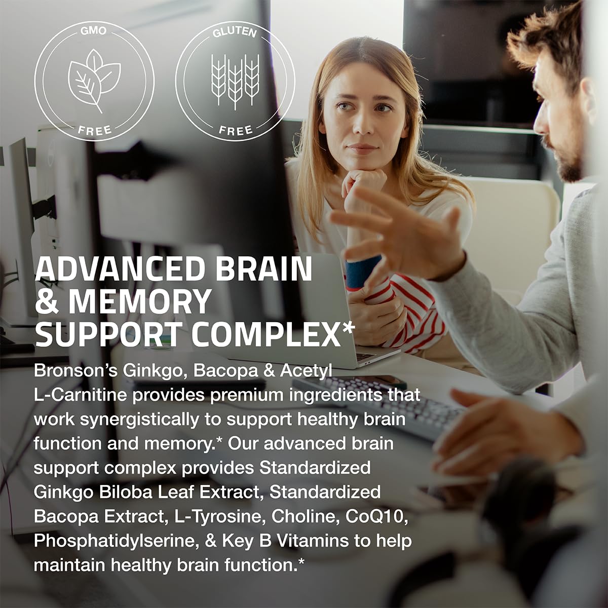 Bronson Ginkgo, Bacopa & Acetyl L-Carnitine Brain & Memory Support Complex with L-Tyrosine, Choline, CoQ10 & Phosphatidylserine Plus Key B Vitamins Non-GMO, 30 Tablets - Maple Wellness Supplements