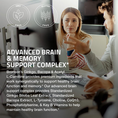 Bronson Ginkgo, Bacopa & Acetyl L-Carnitine Brain & Memory Support Complex with L-Tyrosine, Choline, CoQ10 & Phosphatidylserine Plus Key B Vitamins Non-GMO, 30 Tablets - Maple Wellness Supplements