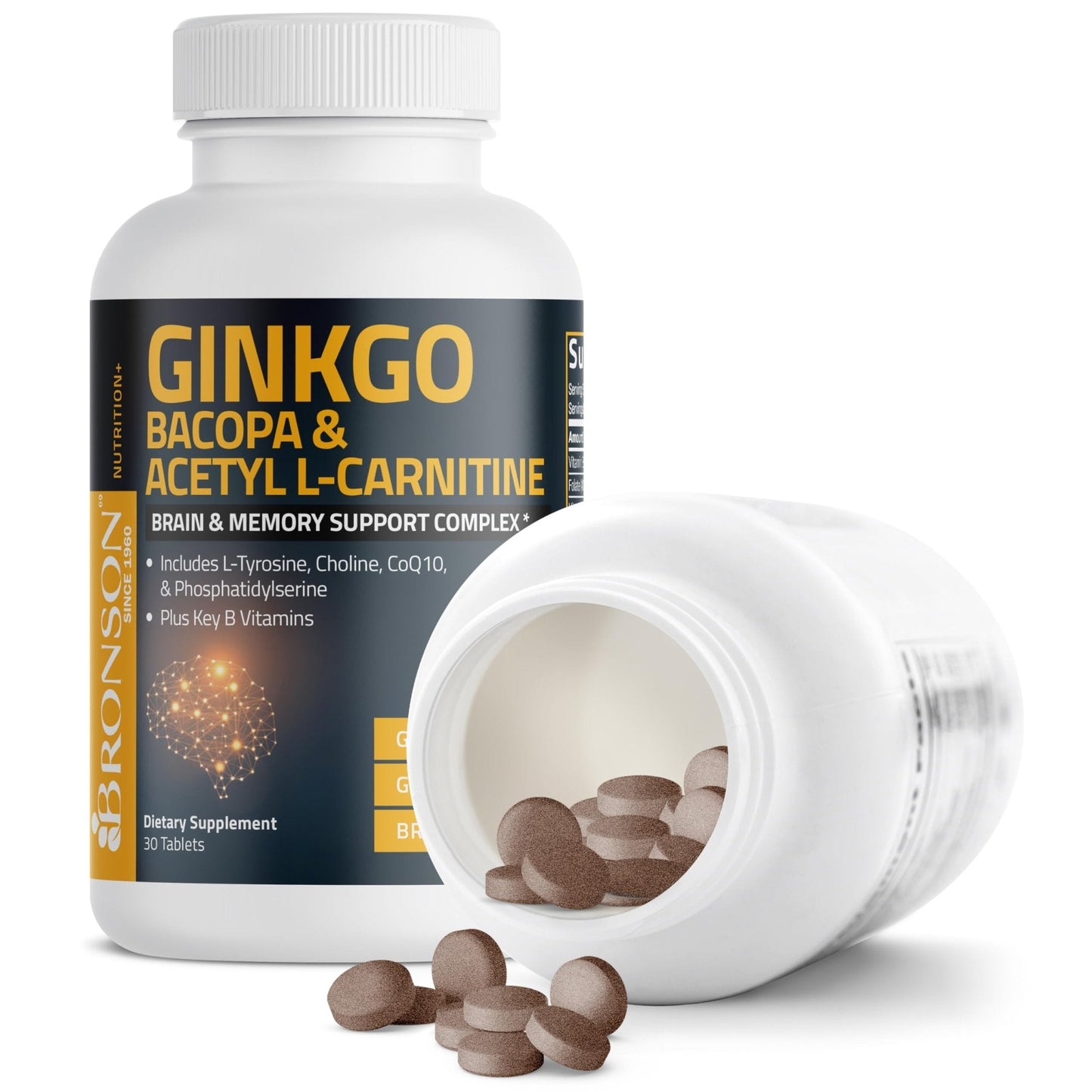 Bronson Ginkgo, Bacopa & Acetyl L-Carnitine Brain & Memory Support Complex with L-Tyrosine, Choline, CoQ10 & Phosphatidylserine Plus Key B Vitamins Non-GMO, 30 Tablets - Maple Wellness Supplements