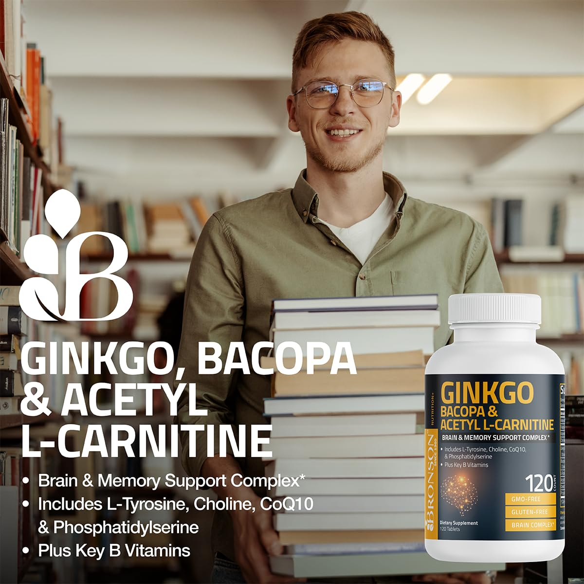 Bronson Ginkgo, Bacopa & Acetyl L-Carnitine Brain & Memory Support Complex with L-Tyrosine, Choline, CoQ10 & Phosphatidylserine Plus Key B Vitamins Non-GMO, 30 Tablets - Maple Wellness Supplements