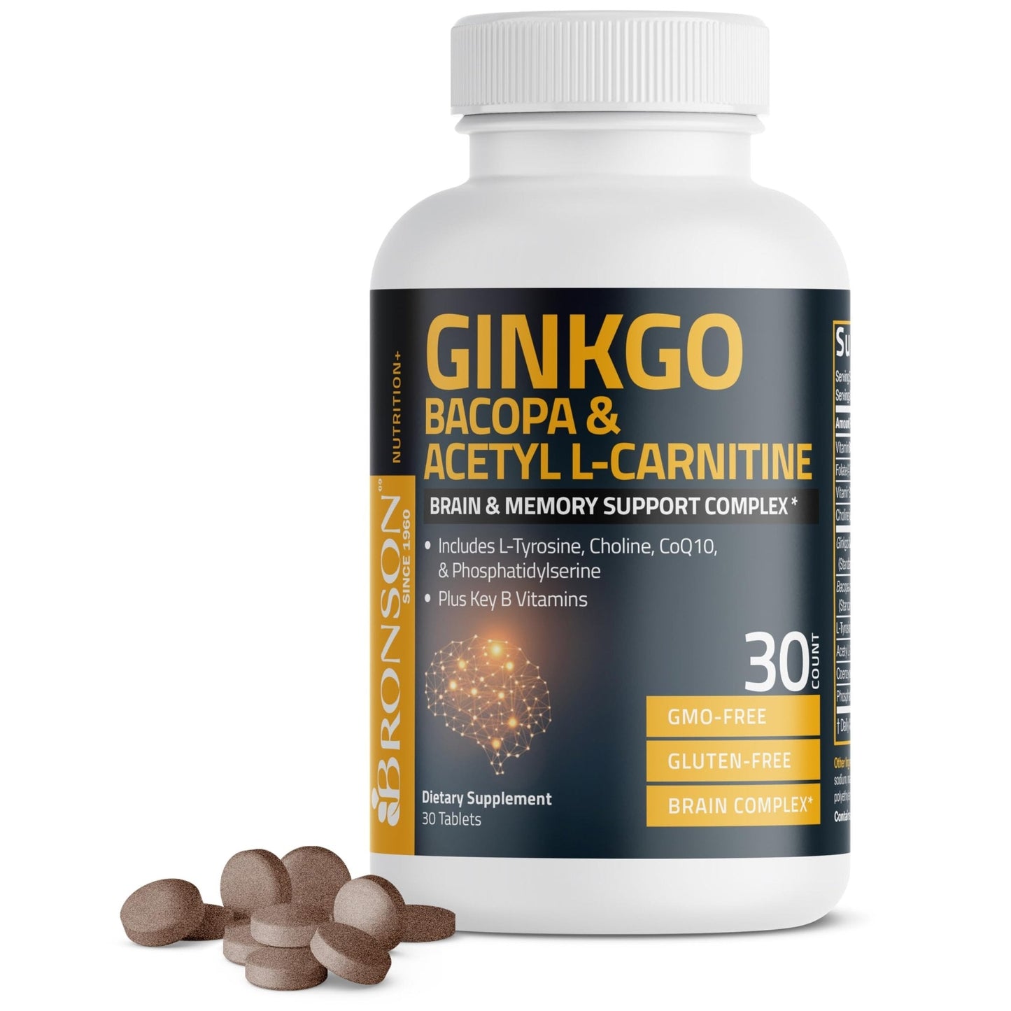 Bronson Ginkgo, Bacopa & Acetyl L-Carnitine Brain & Memory Support Complex with L-Tyrosine, Choline, CoQ10 & Phosphatidylserine Plus Key B Vitamins Non-GMO, 30 Tablets - Maple Wellness Supplements