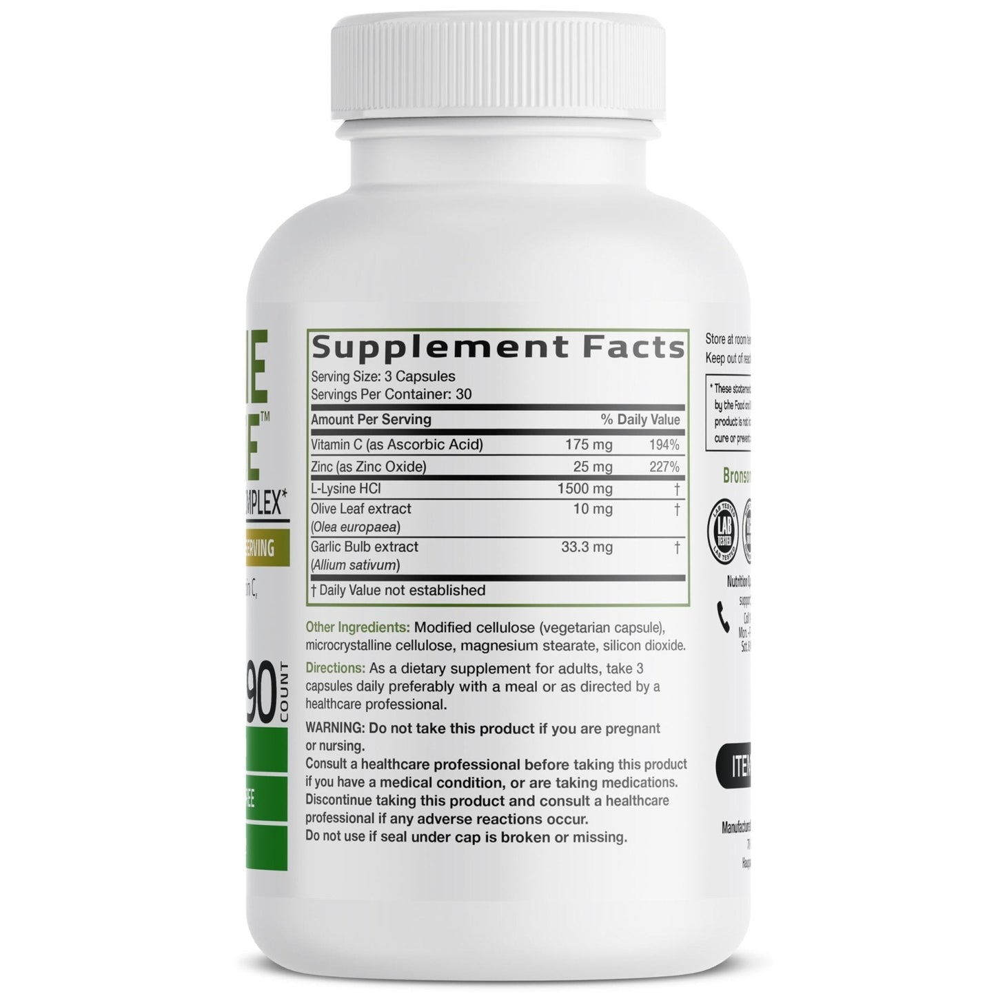 Bronson L-Lysine Defense Immune Support Complex 1500 MG L-Lysine Plus Olive Leaf, Garlic, Vitamin C and Zinc - Maple Wellness Supplements