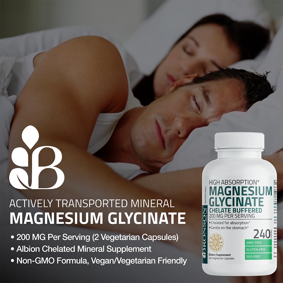 Bronson Magnesium Glycinate 200 MG per Serving Chelated for High Absorption, Gentle On Stomach, Non-GMO, 60 Vegetarian Capsules - Maple Wellness Supplements