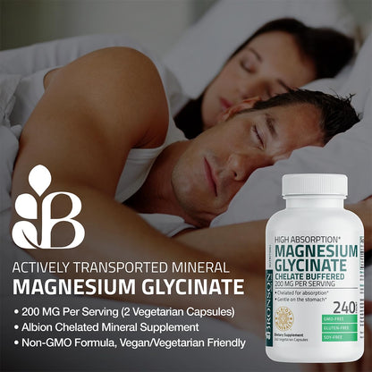 Bronson Magnesium Glycinate 200 MG per Serving Chelated for High Absorption, Gentle On Stomach, Non-GMO, 60 Vegetarian Capsules - Maple Wellness Supplements