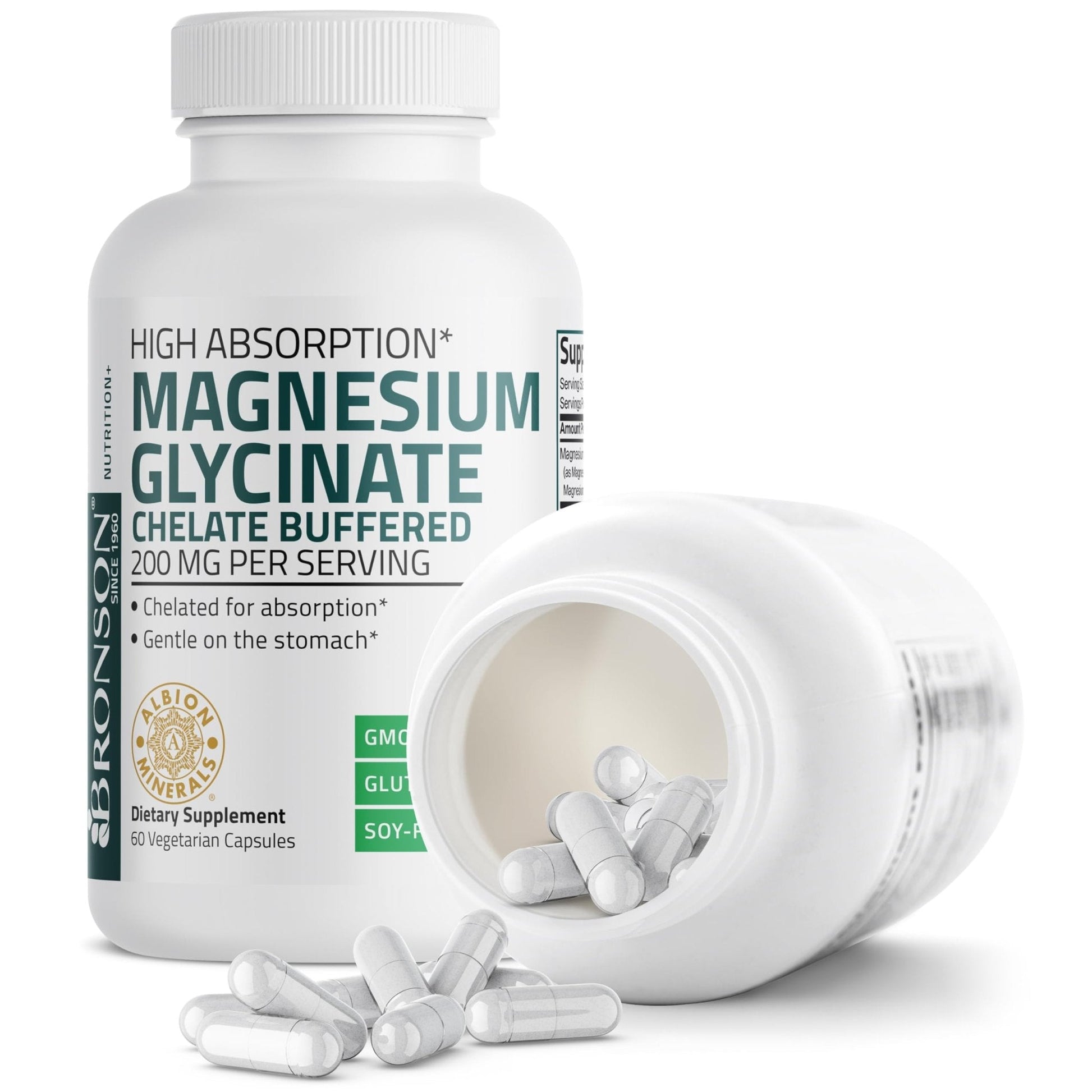 Bronson Magnesium Glycinate 200 MG per Serving Chelated for High Absorption, Gentle On Stomach, Non-GMO, 60 Vegetarian Capsules - Maple Wellness Supplements