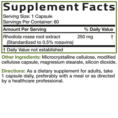 Bronson Rhodiola Rosea Vegetarian Capsules - Adaptogenic Herb - Brain, Stress & Mood Support - Non-GMO, 60 Count - Maple Wellness Supplements
