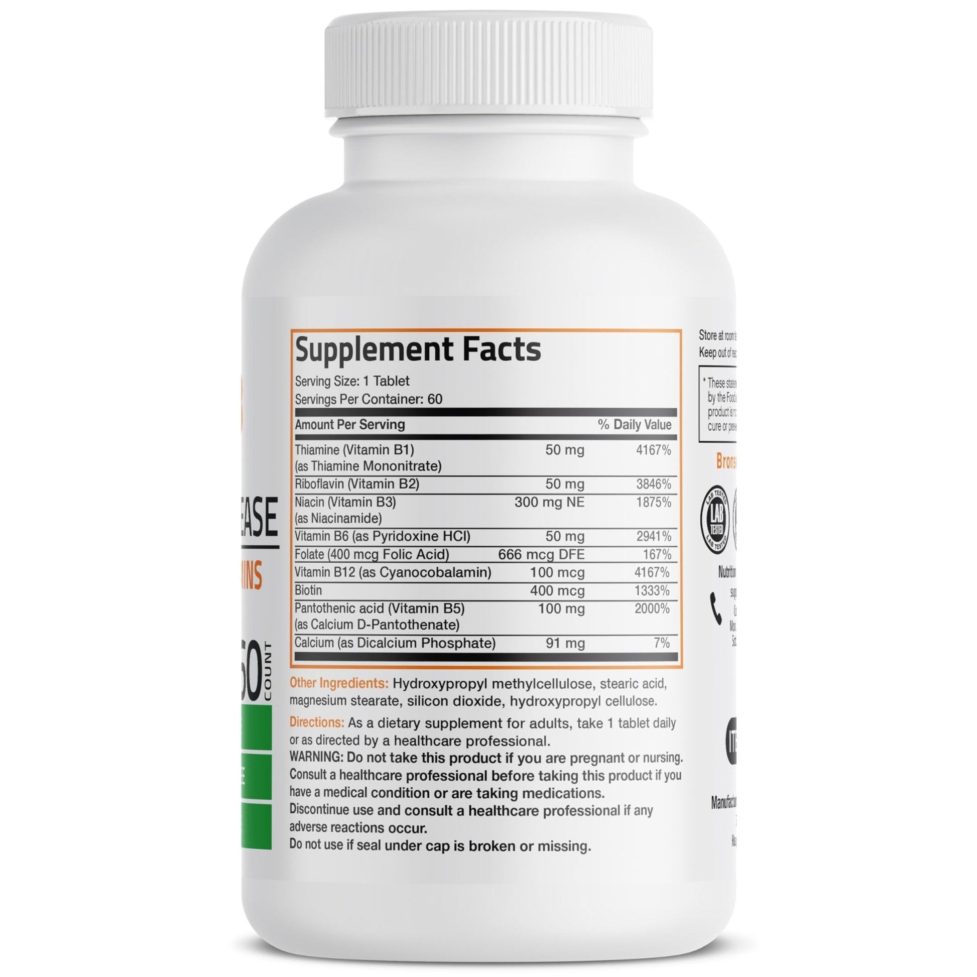 Bronson Super B Vitamin B Complex Sustained Slow Release (Vitamin B1, B2, B3, B6, B9 - Folic Acid, B12) Contains All B Vitamins 60 Tablets - Maple Wellness Supplements