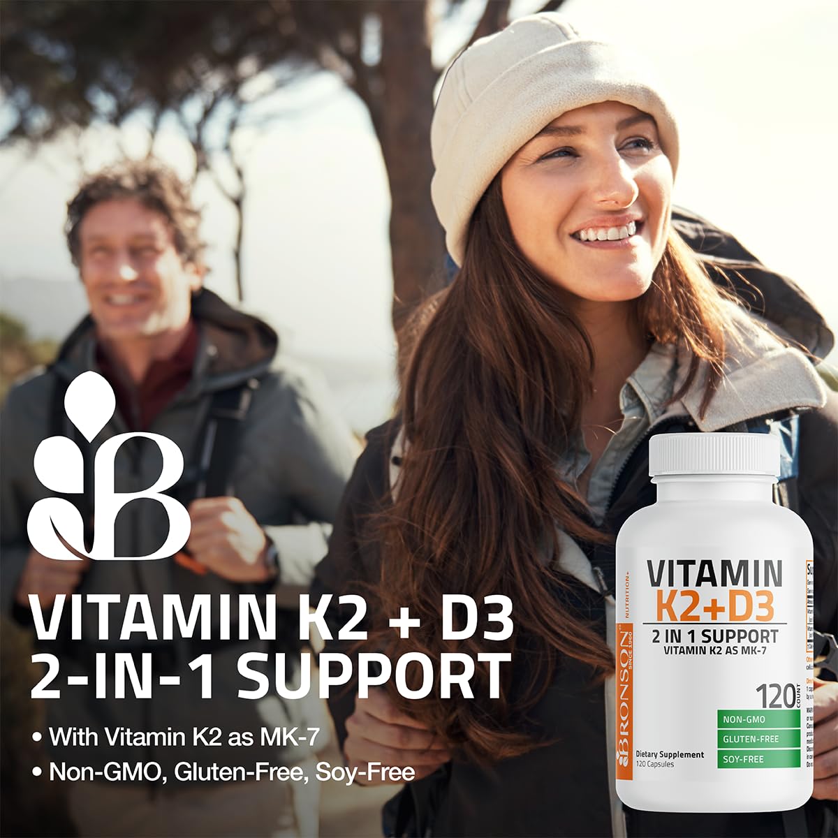 Bronson Vitamin K2 D3 (MK7) Supplement Non-GMO Formula Vitamin D3 5000IU (125 mcg) & 90 mcg K2 MK-7 - Maple Wellness Supplements