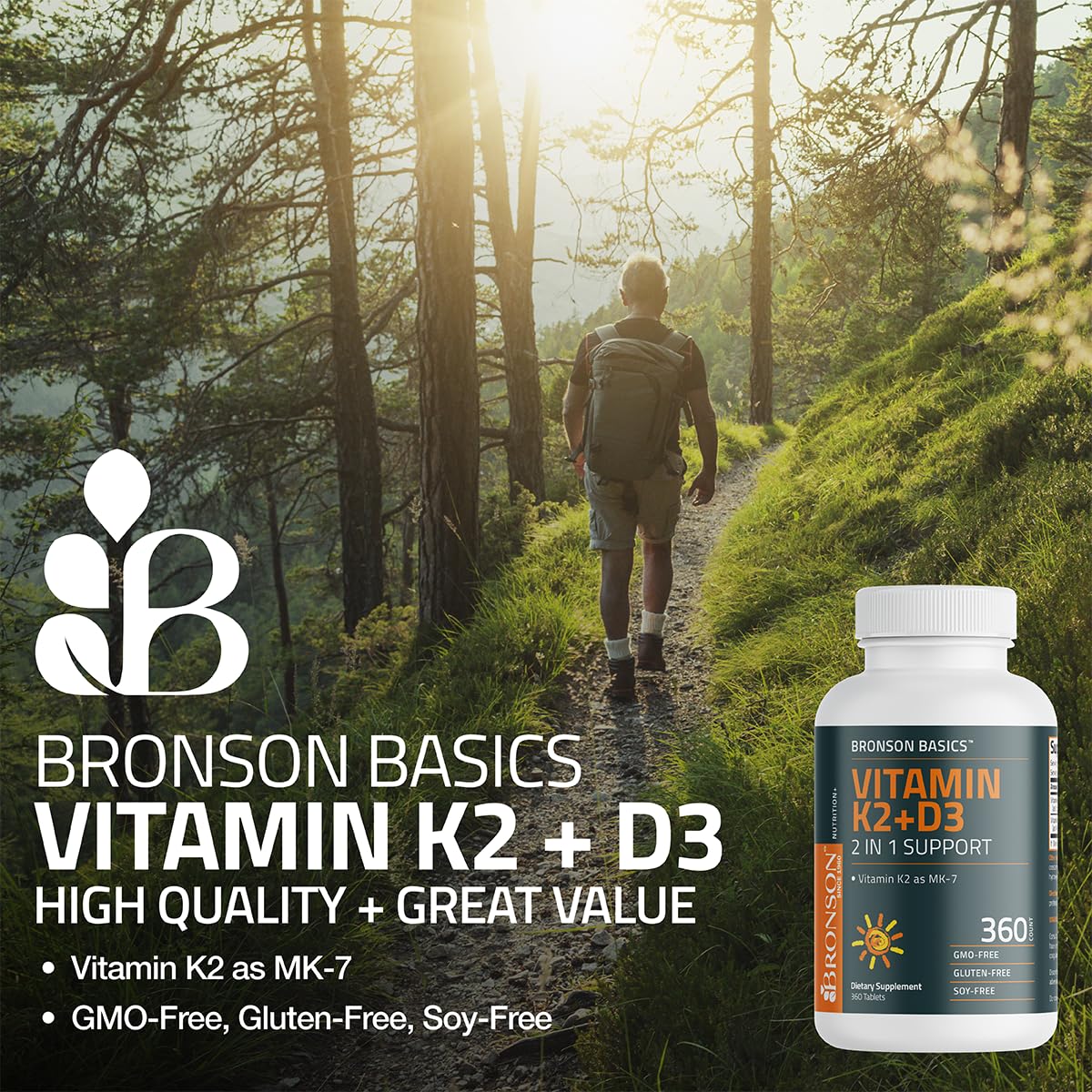 Bronson Vitamin K2 D3 (MK7) Supplement Non-GMO Formula Vitamin D3 5000IU (125 mcg) & 90 mcg K2 MK-7, Easy to Swallow D - Maple Wellness Supplements
