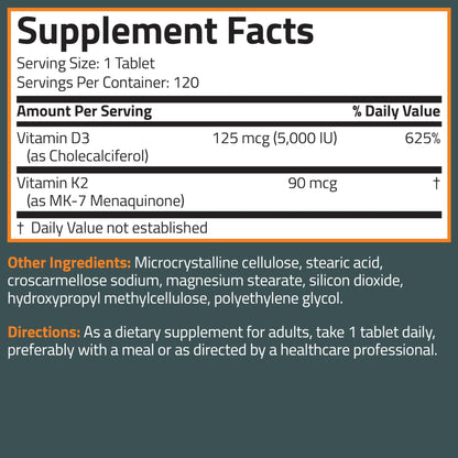 Bronson Vitamin K2 D3 (MK7) Supplement Non-GMO Formula Vitamin D3 5000IU (125 mcg) & 90 mcg K2 MK-7, Easy to Swallow D - Maple Wellness Supplements