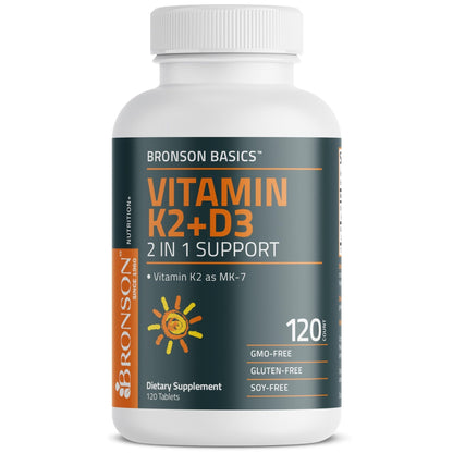 Bronson Vitamin K2 D3 (MK7) Supplement Non-GMO Formula Vitamin D3 5000IU (125 mcg) & 90 mcg K2 MK-7, Easy to Swallow D - Maple Wellness Supplements