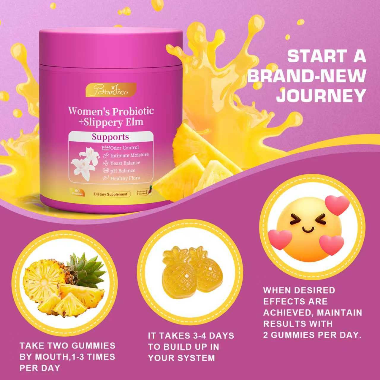 Brurtzexs Her Juicy Feminine Probiotics Gummies for Women with Slippery Elm - Pineapple Flavor, pH Balance & Immune Health Support - Digestive & Feminine Support - Vegan Supplement, 60 C - Maple Wellness Supplements