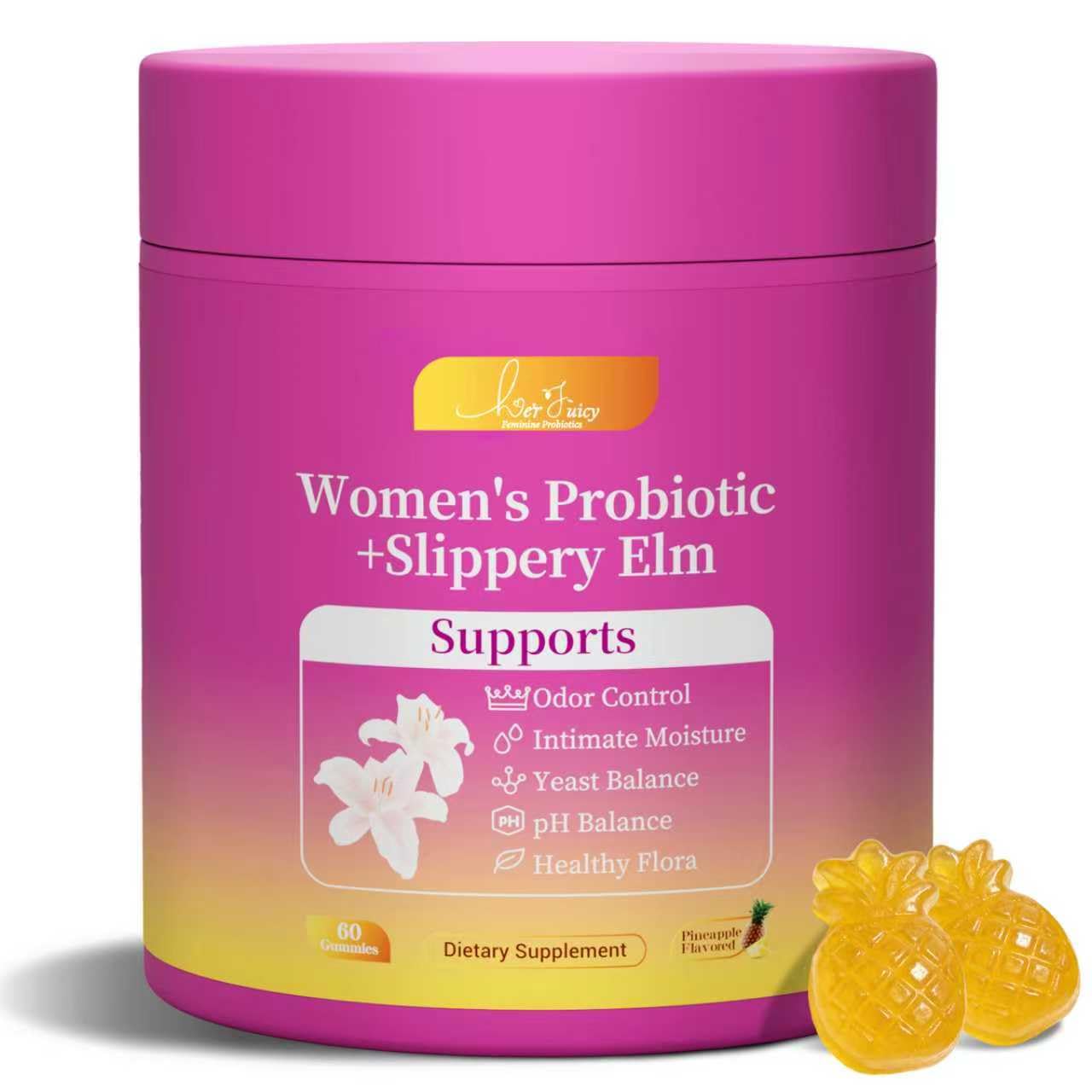 Brurtzexs Her Juicy Feminine Probiotics Gummies for Women with Slippery Elm - Pineapple Flavor, pH Balance & Immune Health Support - Digestive & Feminine Support - Vegan Supplement, 60 C - Maple Wellness Supplements
