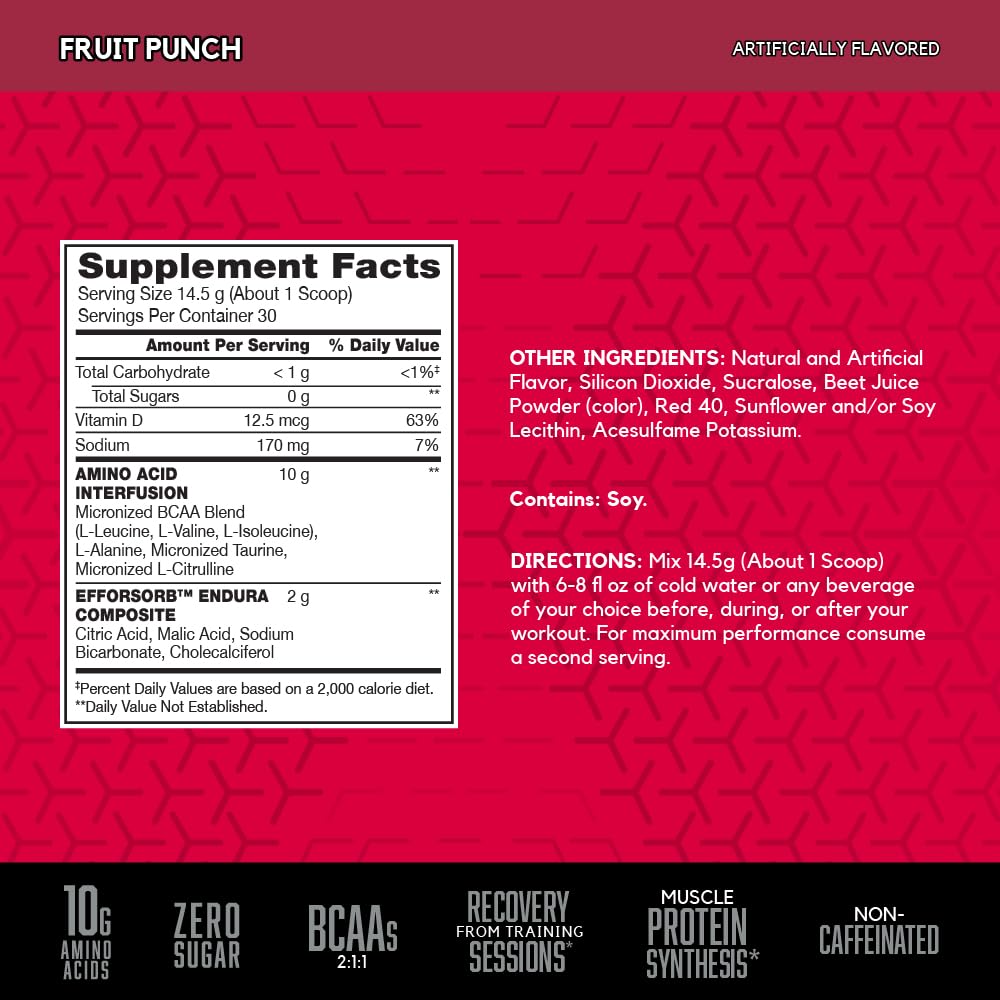 BSN Amino X Muscle Recovery & Endurance Powder, BCAAs, 10 Grams of Amino Acids, Keto Friendly, Caffeine-Free, Support Endurance, Zero Sugar, Fruit Punch, 30 servings, - Maple Wellness Supplements