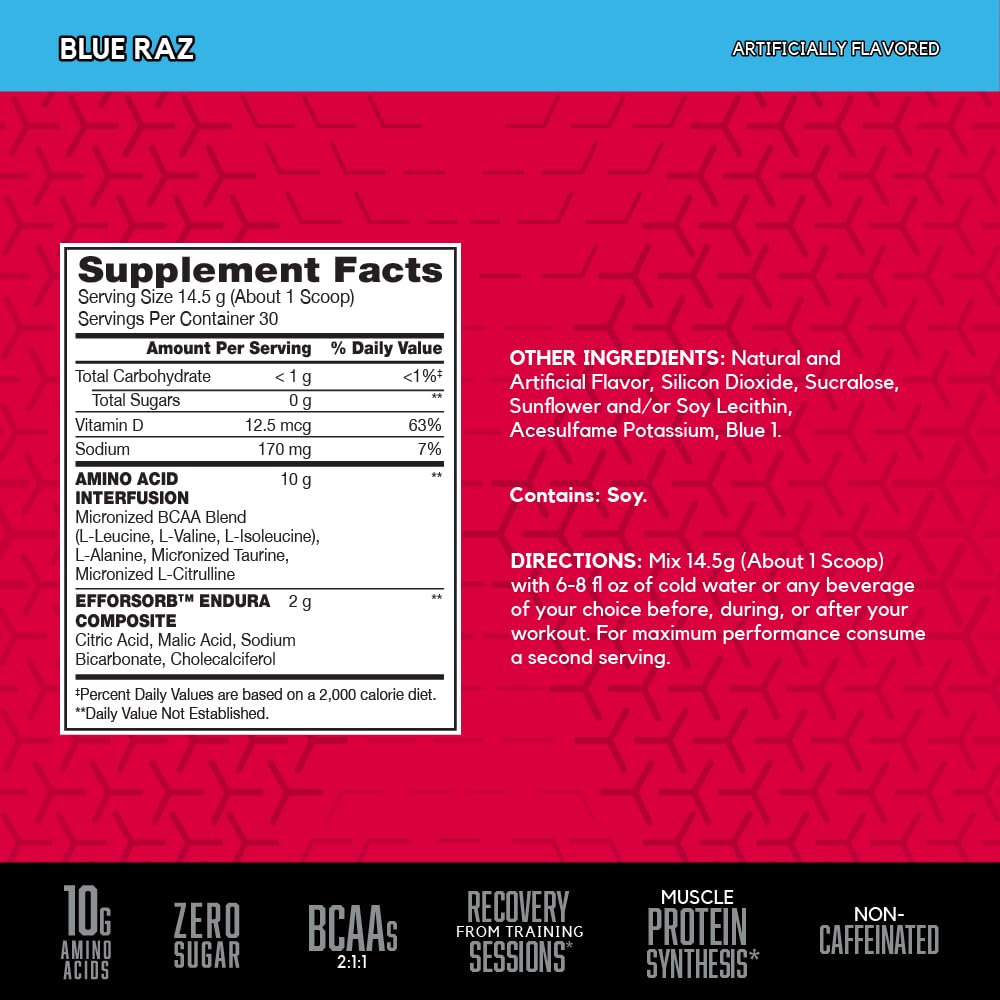 BSN Amino X Muscle Recovery & Endurance Powder with BCAAs, 10 Grams of Amino Acids, Keto Friendly, Caffeine-Free, Support Endurance, Zero Sugar, Blue Raz, - Maple Wellness Supplements