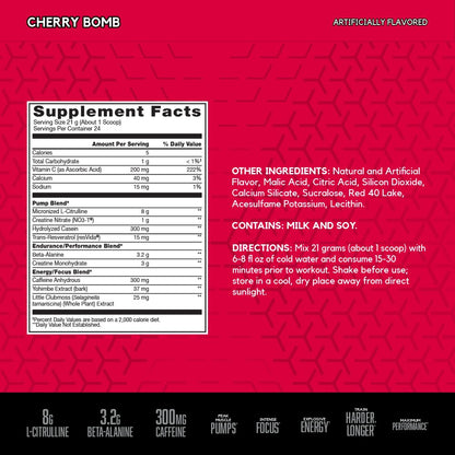 BSN N.O.-XPLODE Vaso Pre Workout Powder with 8g of L-Citrulline and 3.2g Beta-Alanine and Energy, Flavor: Cherry Bomb, 24 Servings - Maple Wellness Supplements