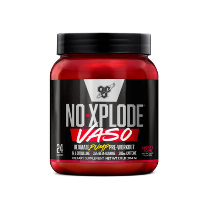 BSN N.O.-XPLODE Vaso Pre Workout Powder with 8g of L-Citrulline and 3.2g Beta-Alanine and Energy, Flavor: Cherry Bomb, 24 Servings - Maple Wellness Supplements