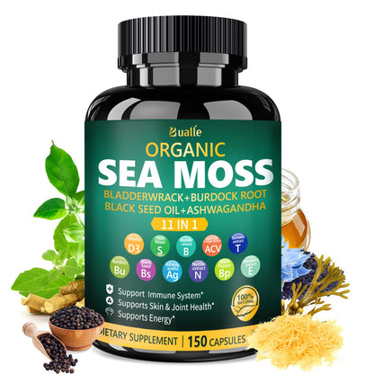 Bualle Irish Sea Moss Capsules – Organic Sea Moss, Black Seed Oil, Ashwagandha Supplements with Bladderwrack, Ginger & Burdock Root – Supports Daily Wellness, Skin & Energy – 150 Count (1 Pack) - Maple Wellness Supplements