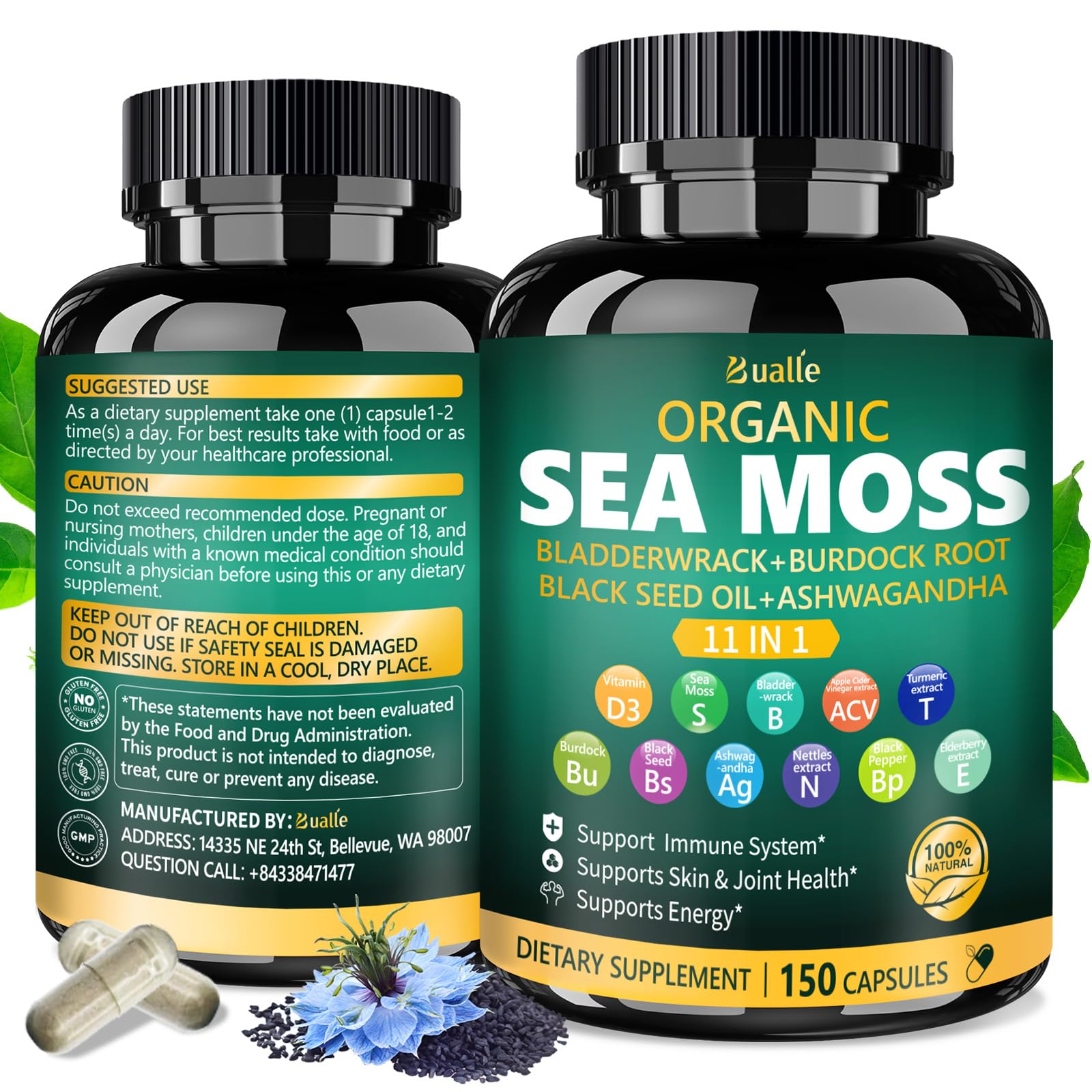 Bualle Irish Sea Moss Capsules – Organic Sea Moss, Black Seed Oil, Ashwagandha Supplements with Bladderwrack, Ginger & Burdock Root – Supports Daily Wellness, Skin & Energy – 150 Count (1 Pack) - Maple Wellness Supplements