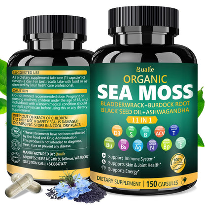 Bualle Irish Sea Moss Capsules – Organic Sea Moss, Black Seed Oil, Ashwagandha Supplements with Bladderwrack, Ginger & Burdock Root – Supports Daily Wellness, Skin & Energy – 150 Count (1 Pack) - Maple Wellness Supplements