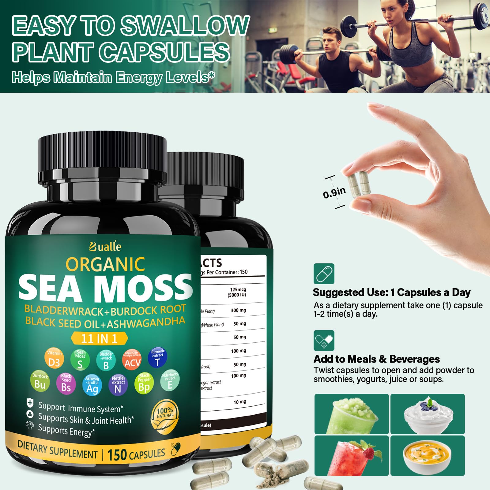 Bualle Irish Sea Moss Capsules – Organic Sea Moss, Black Seed Oil, Ashwagandha Supplements with Bladderwrack, Ginger & Burdock Root – Supports Daily Wellness, Skin & Energy – 150 Count (1 Pack) - Maple Wellness Supplements
