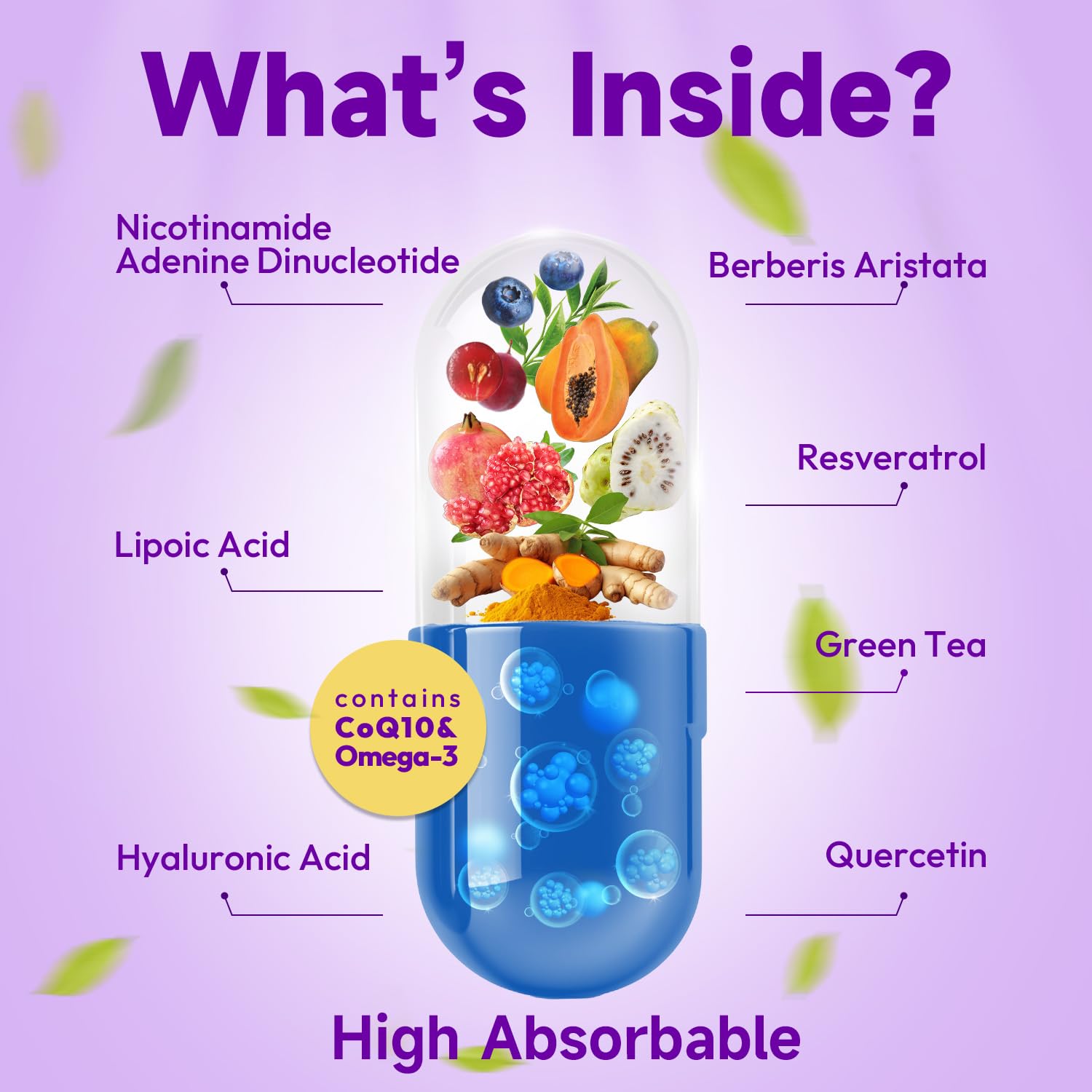 Bualle NAD Supplement, Liposomal NAD Resveratrol Supplement Contains Berberine, Alpha Lipoic Acid,Hyaluronic Acid & Quercetin - Joint Function& Support Anti-Aging,NMN Alternative -120 Capsules - Maple Wellness Supplements