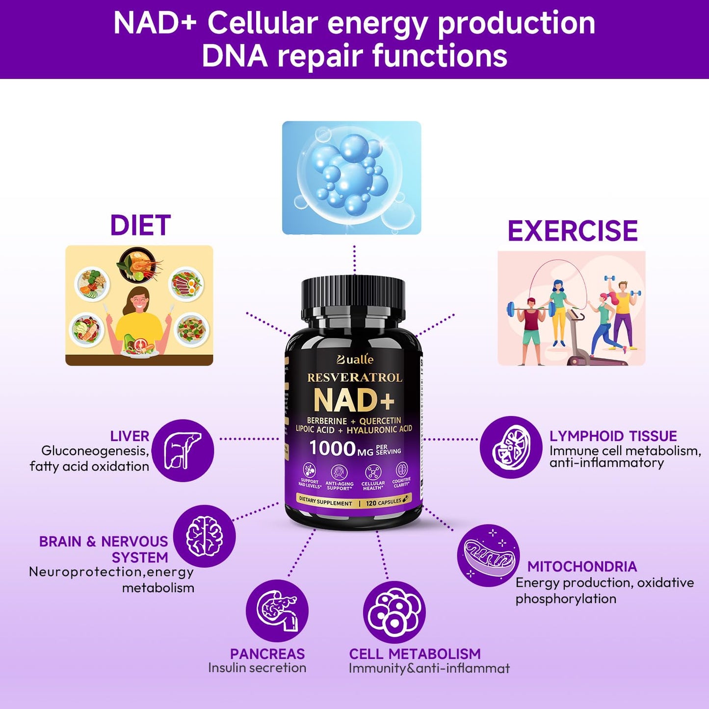 Bualle NAD Supplement, Liposomal NAD Resveratrol Supplement Contains Berberine, Alpha Lipoic Acid,Hyaluronic Acid & Quercetin - Joint Function& Support Anti-Aging,NMN Alternative -120 Capsules - Maple Wellness Supplements