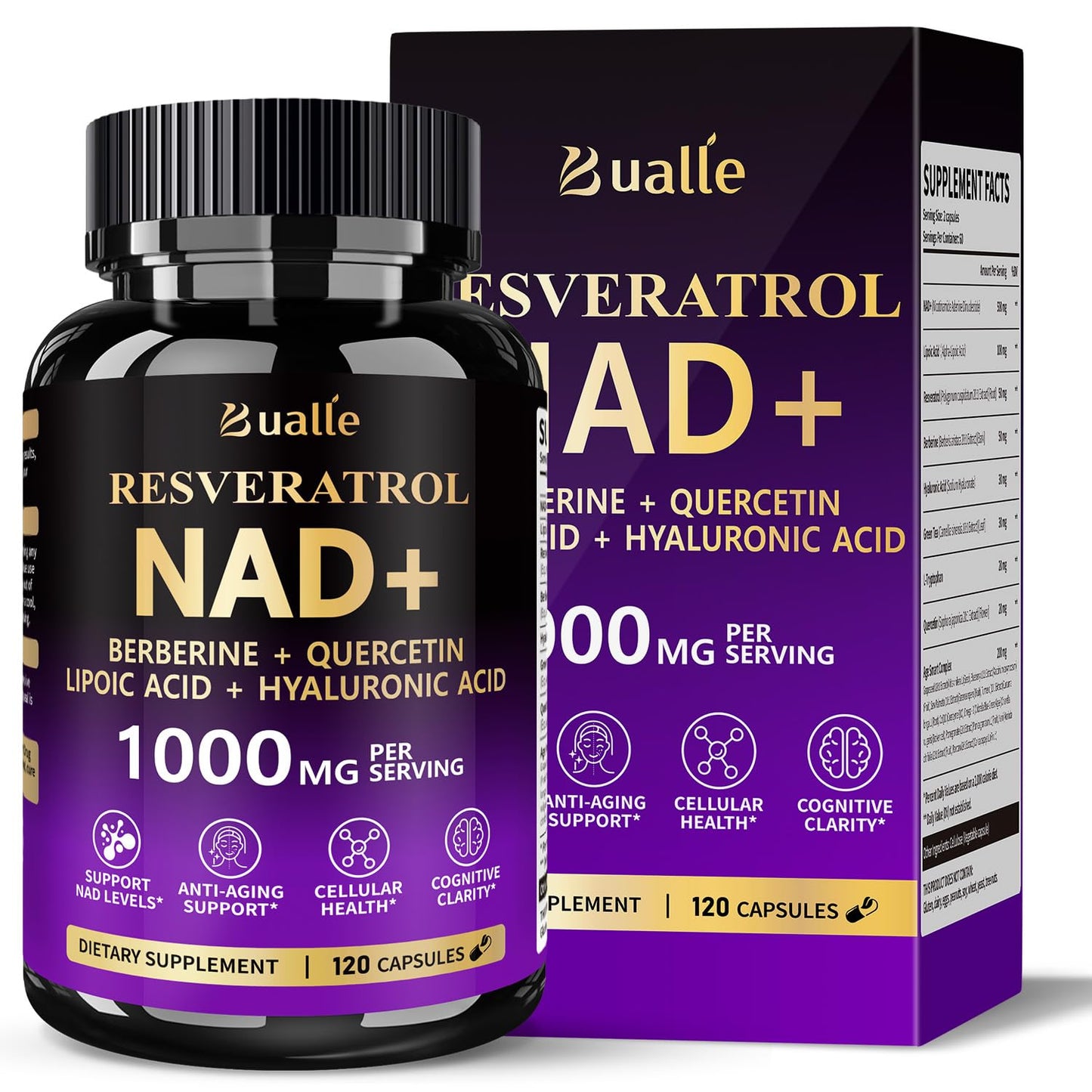 Bualle NAD Supplement, Liposomal NAD Resveratrol Supplement Contains Berberine, Alpha Lipoic Acid,Hyaluronic Acid & Quercetin - Joint Function& Support Anti-Aging,NMN Alternative -120 Capsules - Maple Wellness Supplements