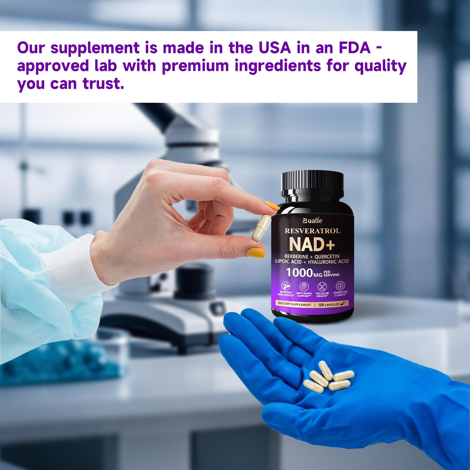 Bualle NAD Supplement, Liposomal NAD Resveratrol Supplement Contains Berberine, Alpha Lipoic Acid,Hyaluronic Acid & Quercetin - Joint Function& Support Anti-Aging,NMN Alternative -120 Capsules - Maple Wellness Supplements