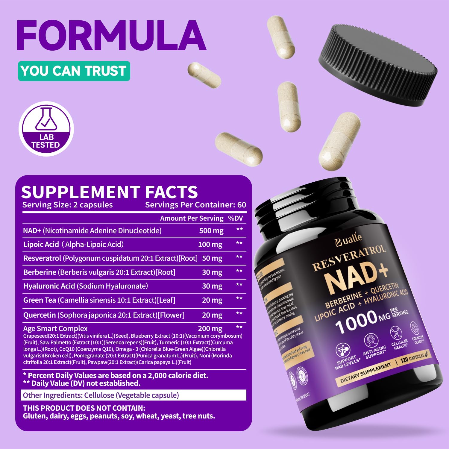 Bualle NAD Supplement, Liposomal NAD Resveratrol Supplement Contains Berberine, Alpha Lipoic Acid,Hyaluronic Acid & Quercetin - Joint Function& Support Anti-Aging,NMN Alternative -120 Capsules - Maple Wellness Supplements