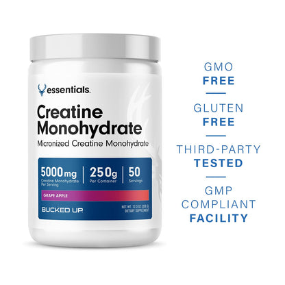 Bucked Up Grape Apple Creatine for Women and Men - Easy to Mix Vegetarian - Flavored Creatine Monohydrate Powder - Made in USA - 5G Per Serving - 50 Servings - 250 Grams Per Container - Maple Wellness Supplements