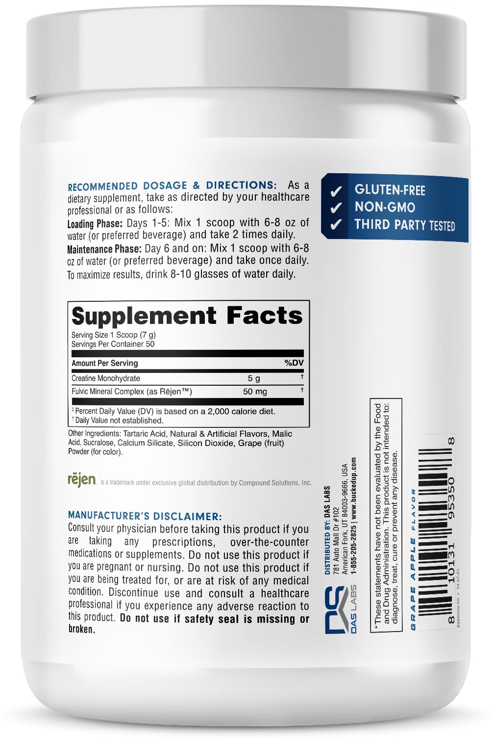 Bucked Up Grape Apple Creatine for Women and Men - Easy to Mix Vegetarian - Flavored Creatine Monohydrate Powder - Made in USA - 5G Per Serving - 50 Servings - 250 Grams Per Container - Maple Wellness Supplements