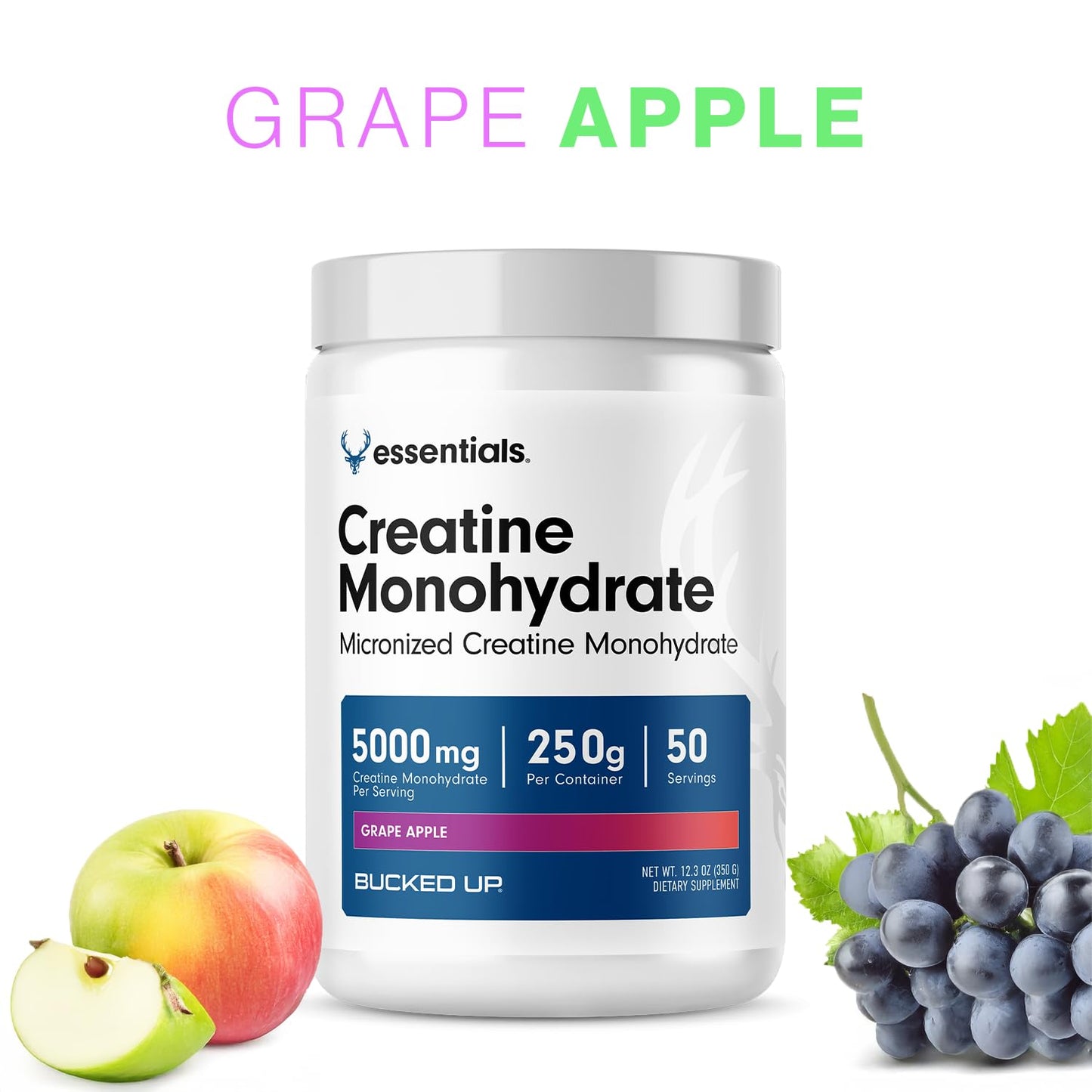 Bucked Up Grape Apple Creatine for Women and Men - Easy to Mix Vegetarian - Flavored Creatine Monohydrate Powder - Made in USA - 5G Per Serving - 50 Servings - 250 Grams Per Container - Maple Wellness Supplements