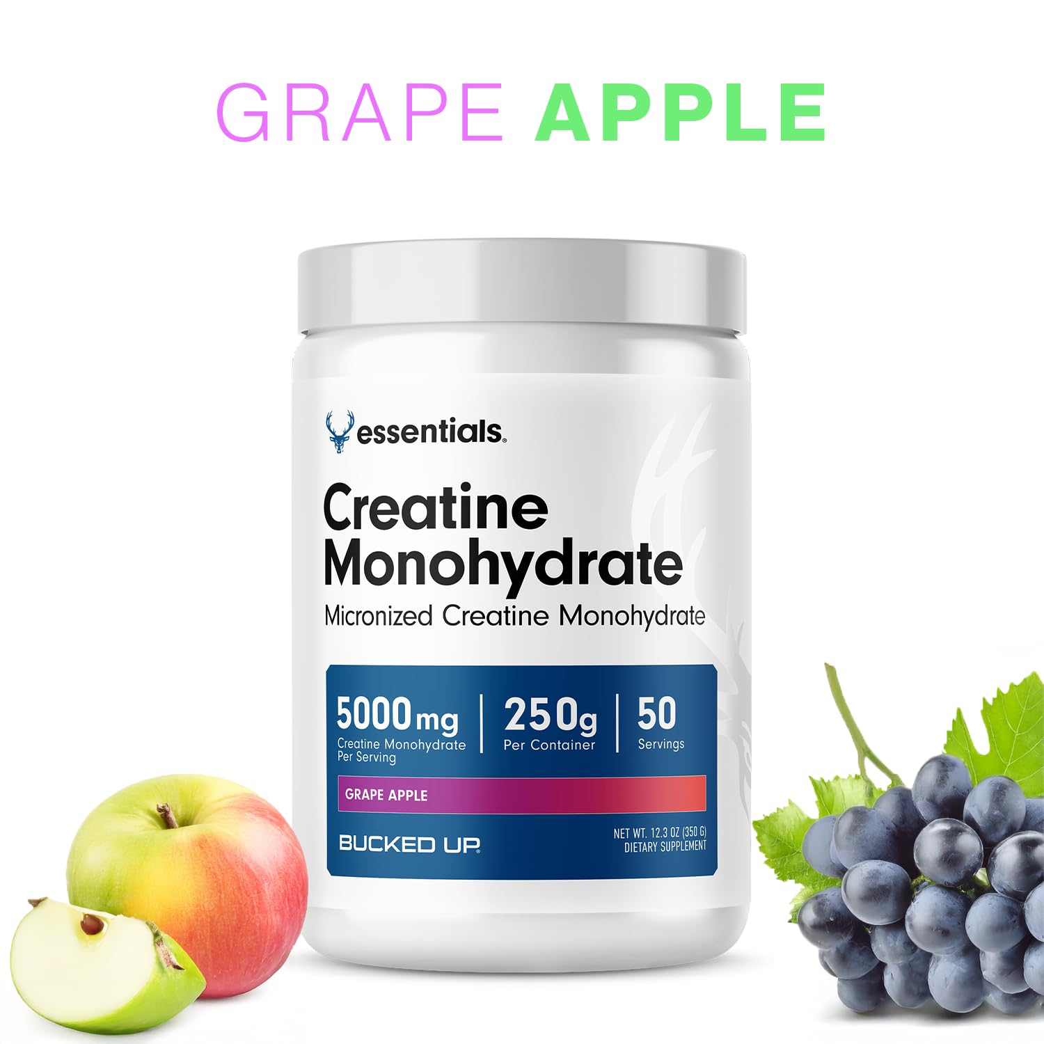Bucked Up Grape Apple Creatine for Women and Men - Easy to Mix Vegetarian - Flavored Creatine Monohydrate Powder - Made in USA - 5G Per Serving - 50 Servings - 250 Grams Per Container - Maple Wellness Supplements