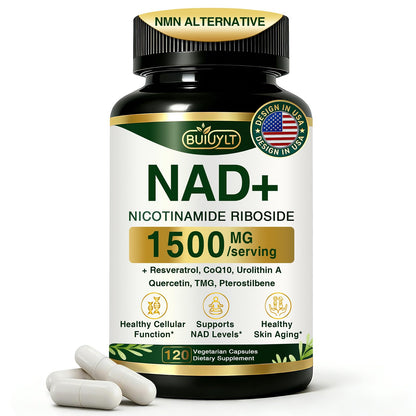 BUIUYLT NAD+ Supplement 1500mg, NR NMN Replacement with Resveratrol, Urolithin A, CoQ10 & Quercetin for Cellular Energy, Healthy Aging & Stamina for Women & Men - 120 Capsules - Maple Wellness Supplements