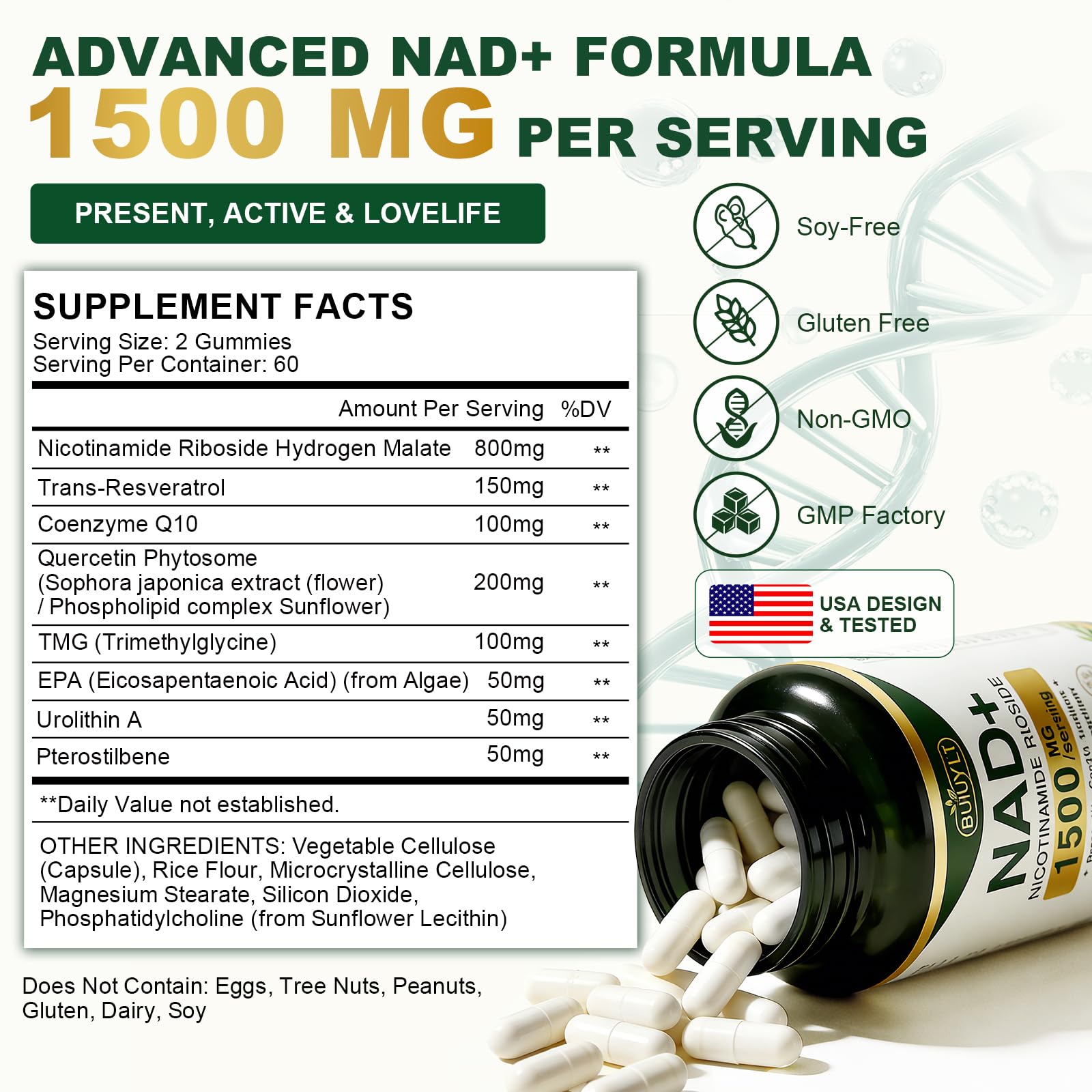 BUIUYLT NAD+ Supplement 1500mg, NR NMN Replacement with Resveratrol, Urolithin A, CoQ10 & Quercetin for Cellular Energy, Healthy Aging & Stamina for Women & Men - 120 Capsules - Maple Wellness Supplements