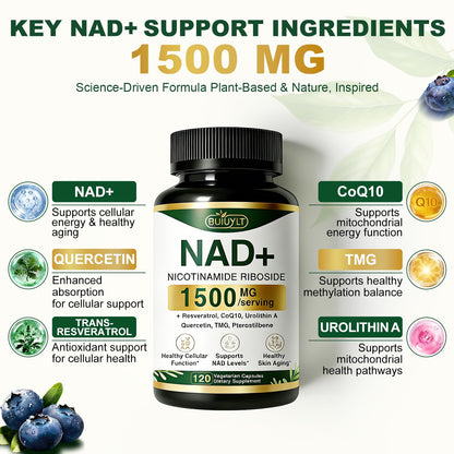 BUIUYLT NAD+ Supplement 1500mg, NR NMN Replacement with Resveratrol, Urolithin A, CoQ10 & Quercetin for Cellular Energy, Healthy Aging & Stamina for Women & Men - 120 Capsules - Maple Wellness Supplements